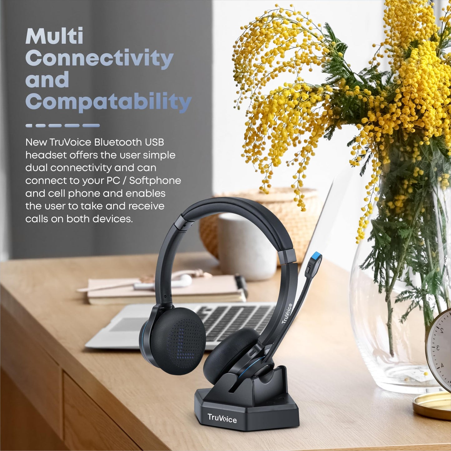 TruVoice BT65 Wireless USB Headset with Hi-Fi Audio and Noise Canceling Microphone - v5.2 Bluetooth Fast Charging Base and 15hr Talk time - Multi…