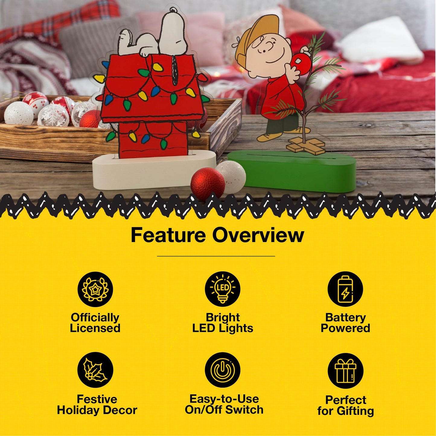 Mark Feldstein, Peanuts Holiday LED Illuminated Acrylic Tabletop Lights, Snoopy's Decorated Doghouse and Charlie Brown's Christmas Tree, 6 Inch (Set