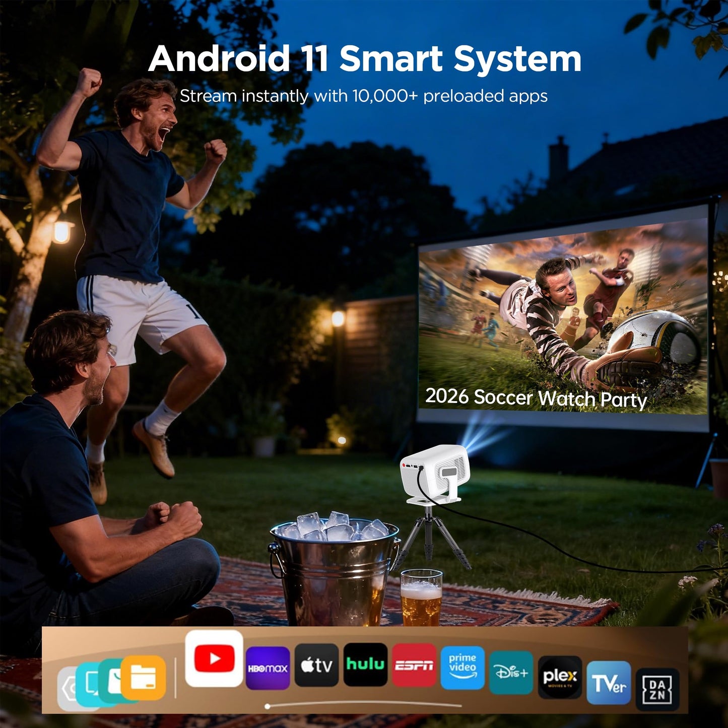 Mini Portable Projector for Home & Outdoor Cinema, Smart Projector Android 11, 1080P FHD 600 ANSI, 4K Support, WiFi 6 Bluetooth 5.4, Auto Focus