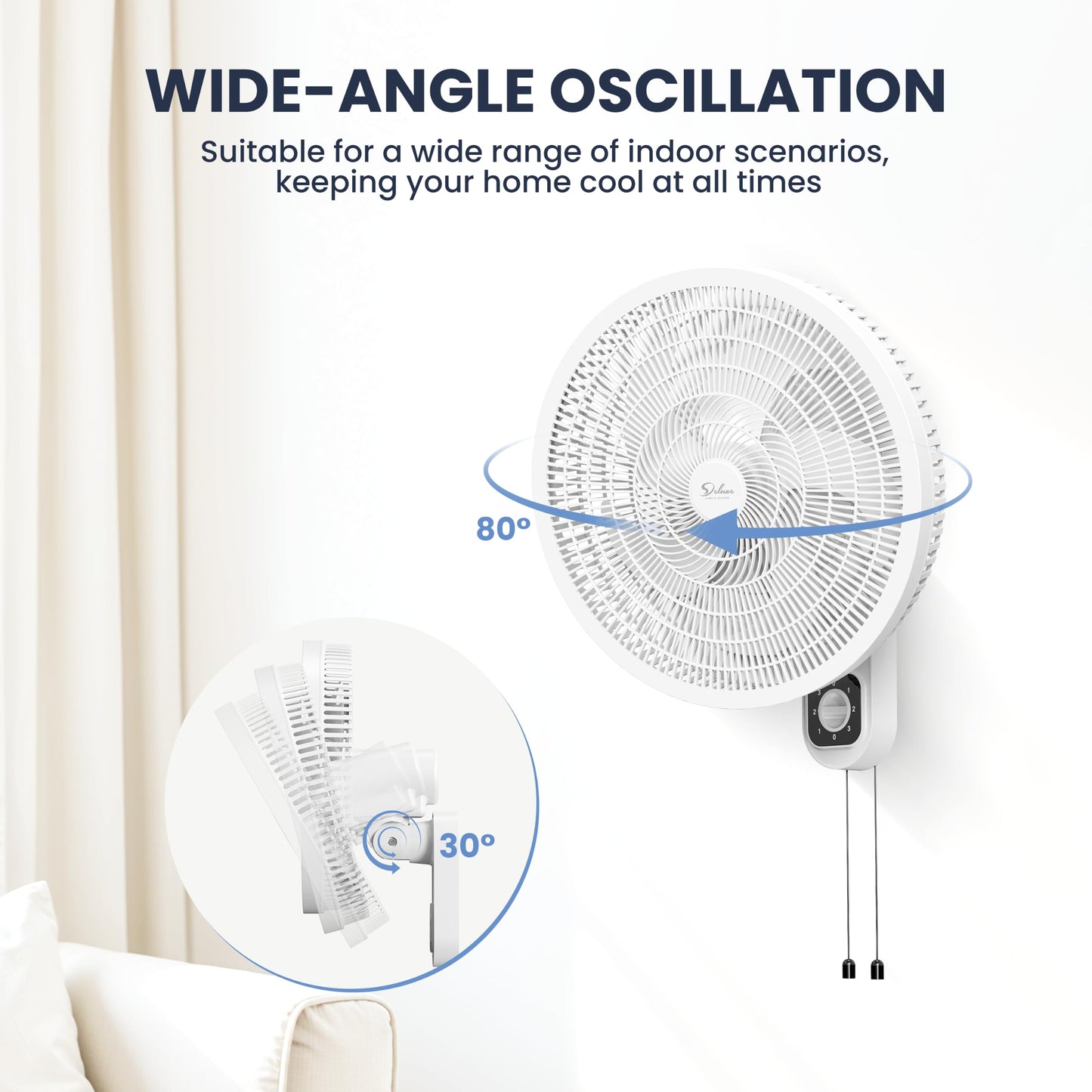 Simple Deluxe 16? Oscillating Wall Mount Fan, 3-Speed Mounted Fan Max 1350 CFM & 18ft/s Powerful Airflow, 80° Horizontal 30° Vertical Tilt, Pull Chain