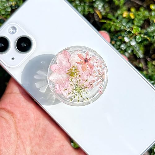 Petite Pressed Pink Flowers Phone Grip,Handmade Dried Flowers Clear Phone Stand, Expanding Cell Phone Charms Accessory, Interchangeable Kickstand