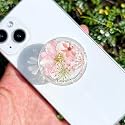 Petite Pressed Pink Flowers Phone Grip,Handmade Dried Flowers Clear Phone Stand, Expanding Cell Phone Charms Accessory, Interchangeable Kickstand