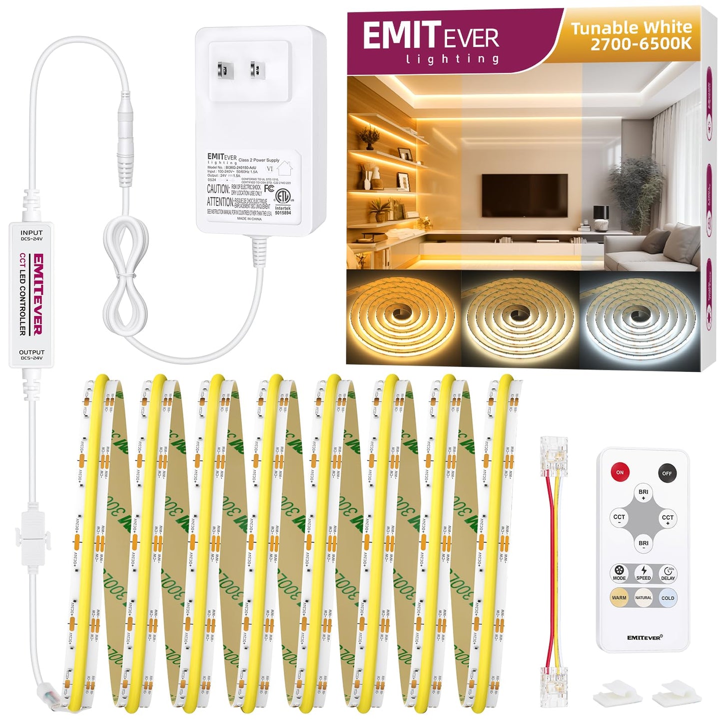 EMITEVER COB LED Strip Light Tunable White 2700K-6500K, Dimmable CCT 24V LED Tape Light Kit 16.4ft, High Density 3200LEDs CRI90+, for Kitchen Under