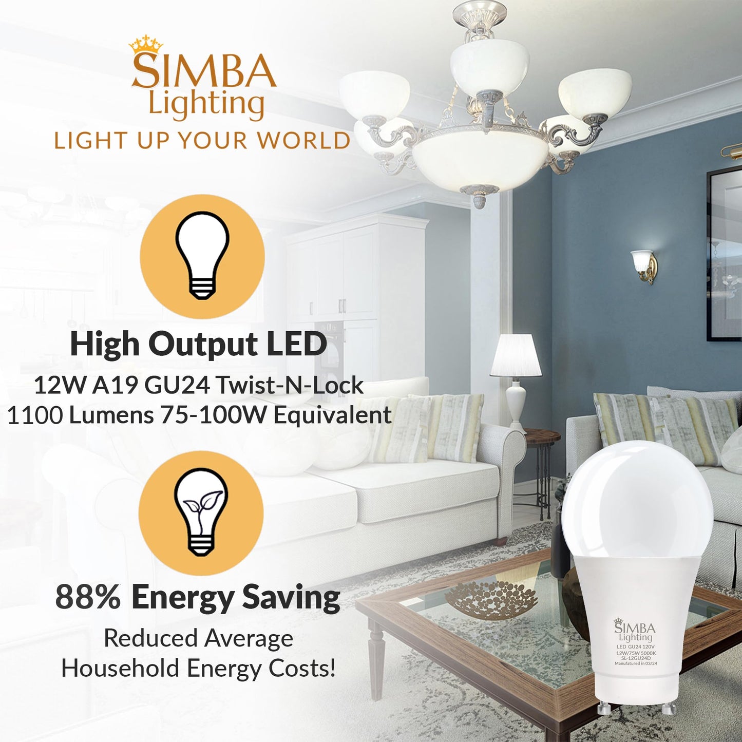 Simba Lighting LED GU24 A19 12W 120V Bulb Twist and Lock Base 5000K, 4 Pack