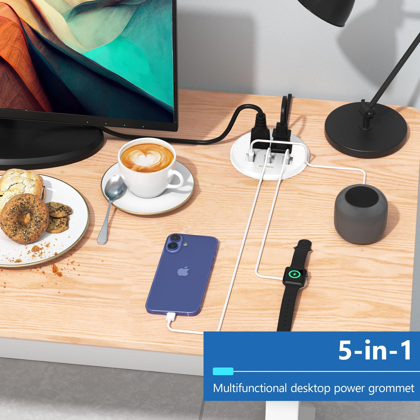 LIDER PD 65W GaN Technology Desktop Power Grommet, Power Delivery, USB-A and 2 USB-C Ports, Tamper-Resistant Receptacles, Self-Close Cover, Desk