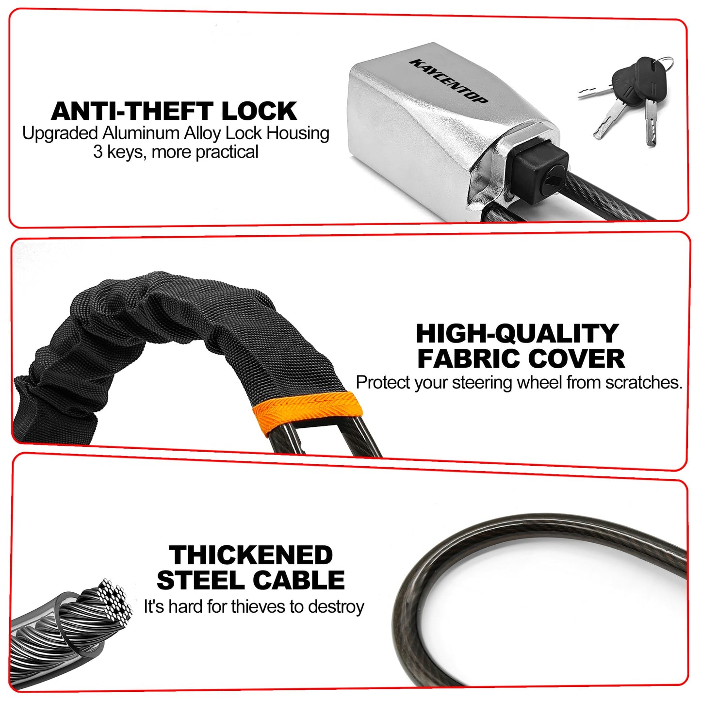 KAYCENTOP Car Steering Wheel Lock, Seat Belt Lock, Car Locks Anti-Theft Device with Aluminum Alloy Lock Housing, Max 17 Inch Length, High Visibility