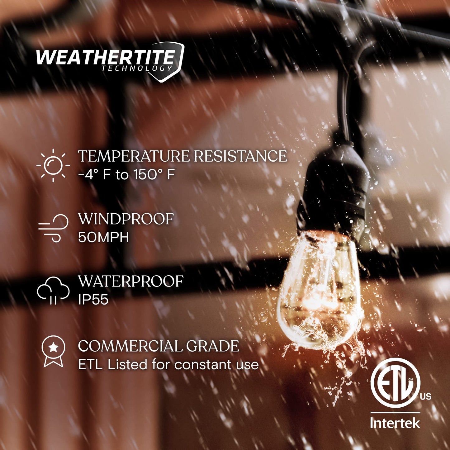 Brightech Ambience Pro Incandescent Outdoor String Lights - Commercial Grade Waterproof Patio Lights with 48 Ft Dimmable Edison Bulbs, Porch String