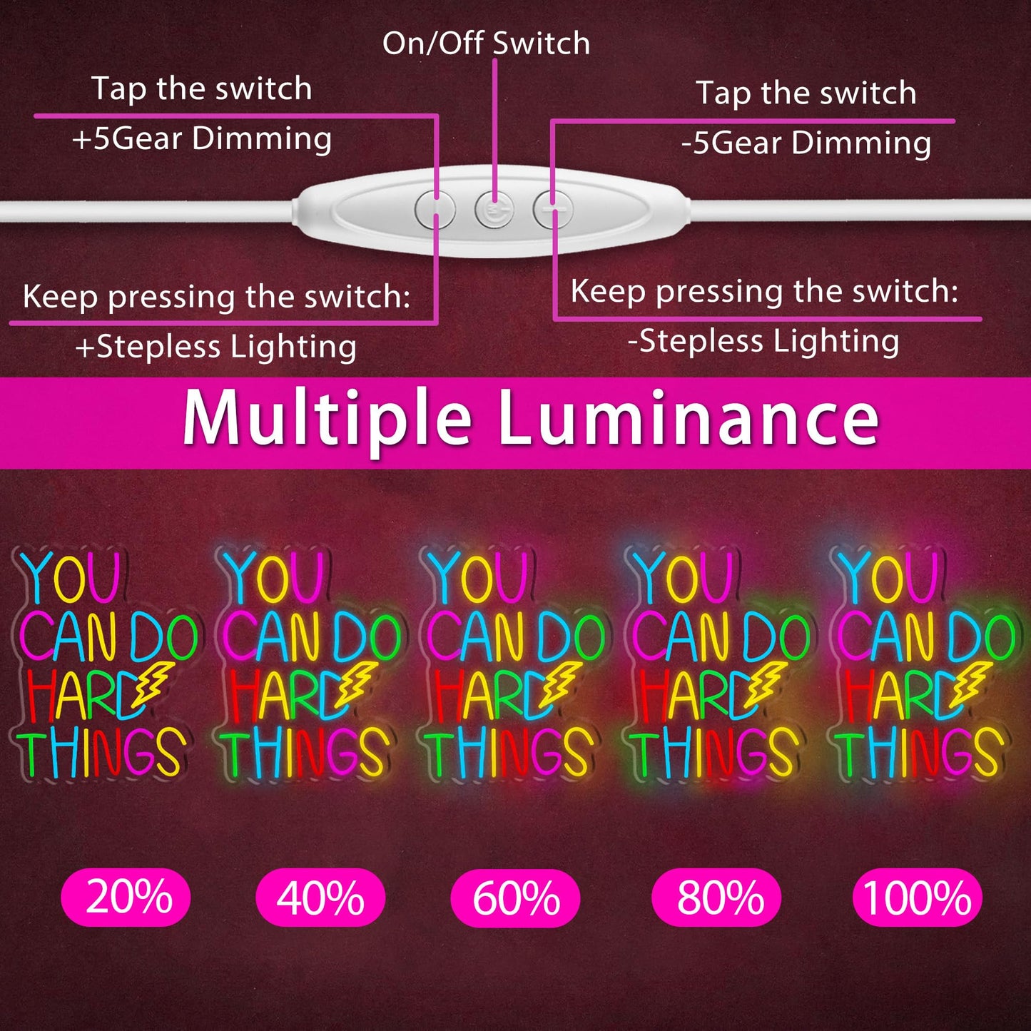 You Can Do Hard Things Neon Sign Dimmable LED USB Powered Neon Light UP for Classroom Wall Decor Art Positive Bedroom Library Study Room Home