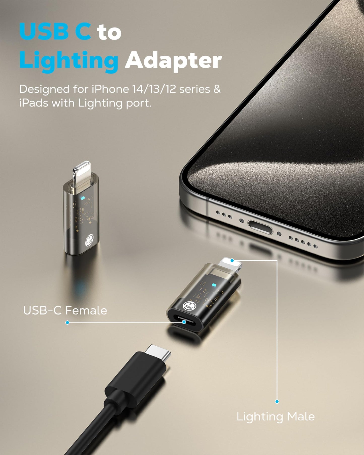 MoKo USB C to Lightning Adapter, Support 35W PD Fast Charging & Data Sync Lightning Male to USB C Female Adapter Compatible with iPhone…