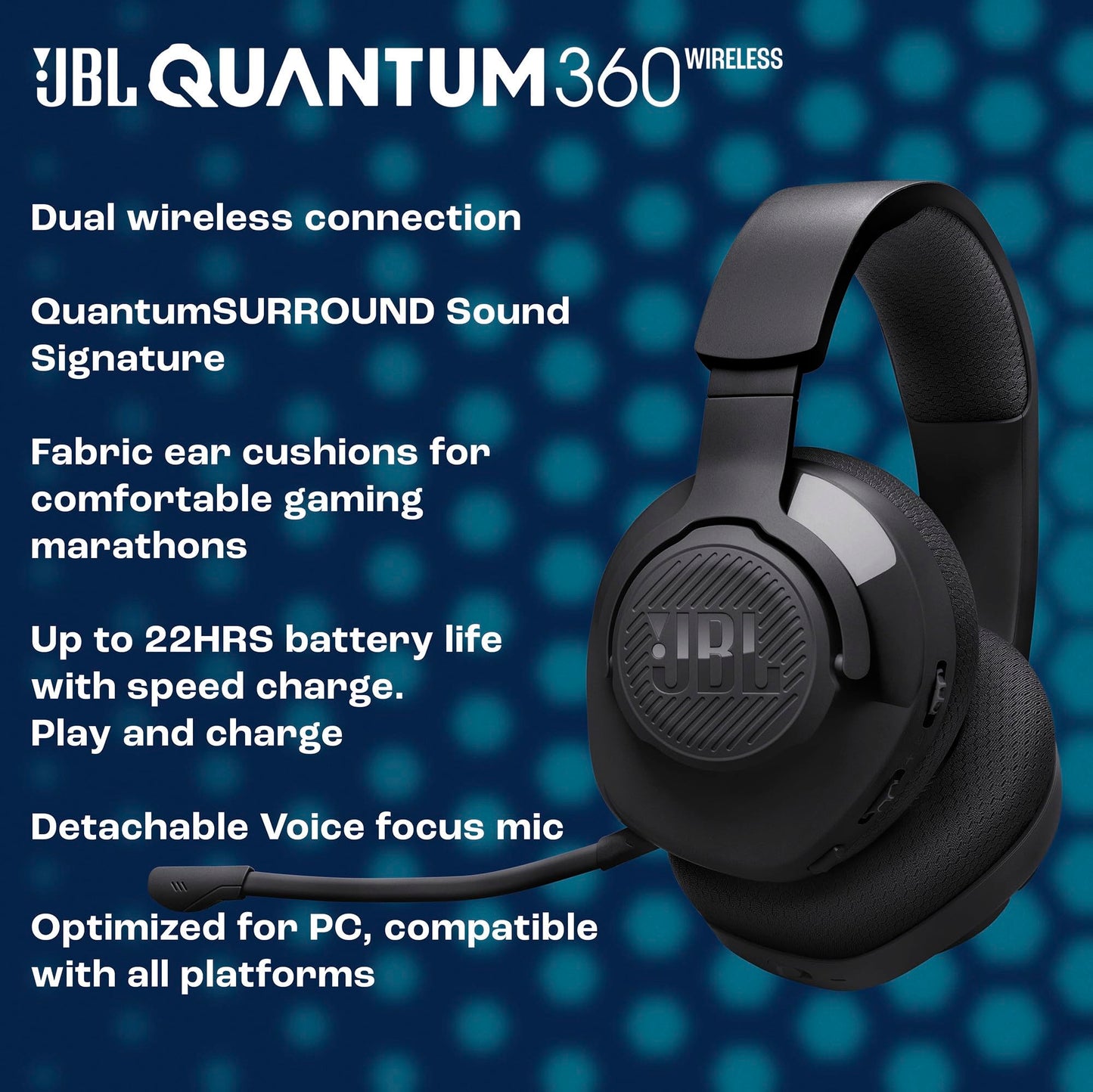 JBL Quantum 360X - Wireless Over-Ear Gaming Headset with Detachable Boom mic, JBL QuantumSOUND Signature, Up to 22-Hour Battery Life, Speed Charge…