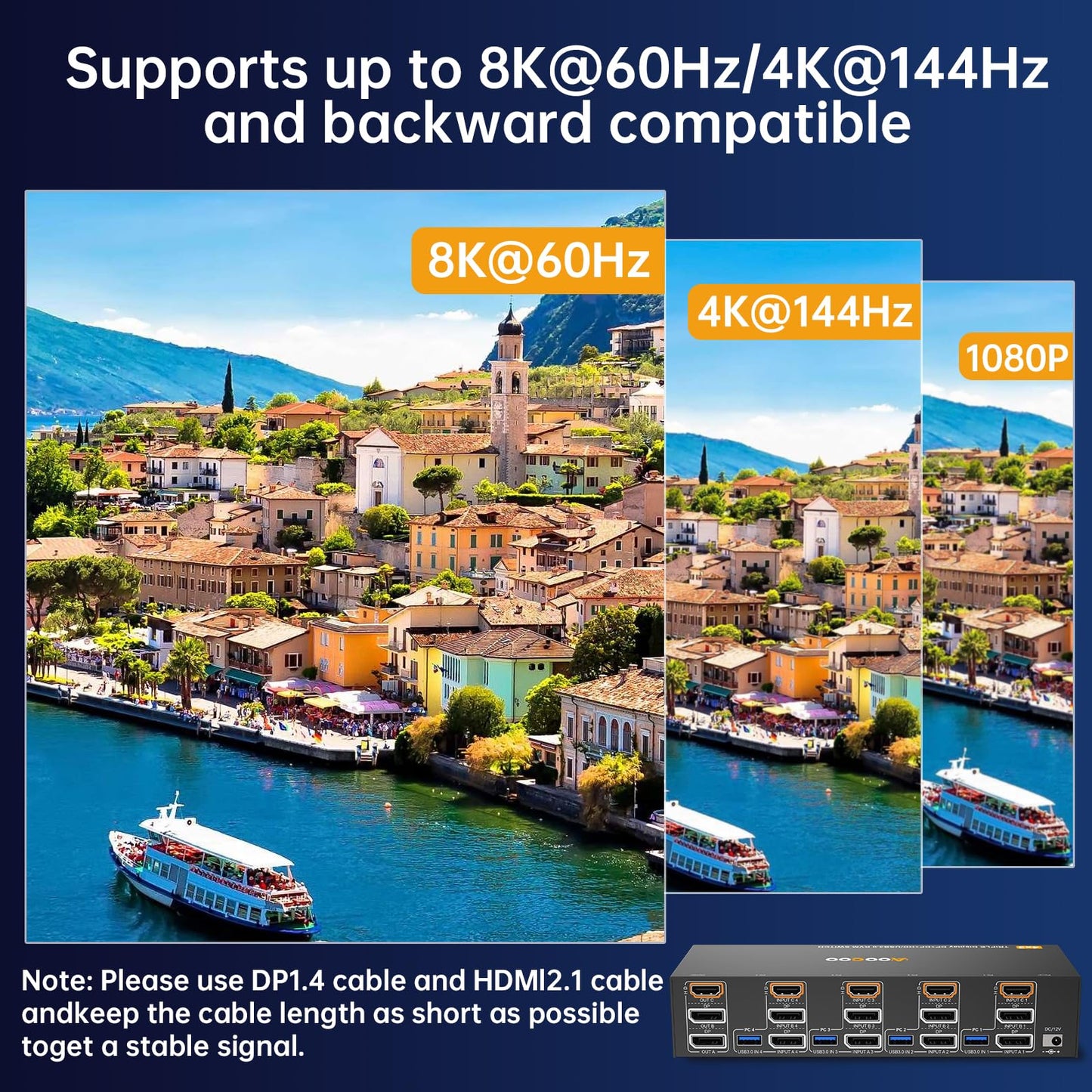 HDMI Displayport KVM Switch 3 Monitor 4 Computer 8K@60Hz/4K@144Hz KVM Switches with 4 USB 3.0 Port,Wired Remote,Power Adapter and 4 USB3.0 Cables