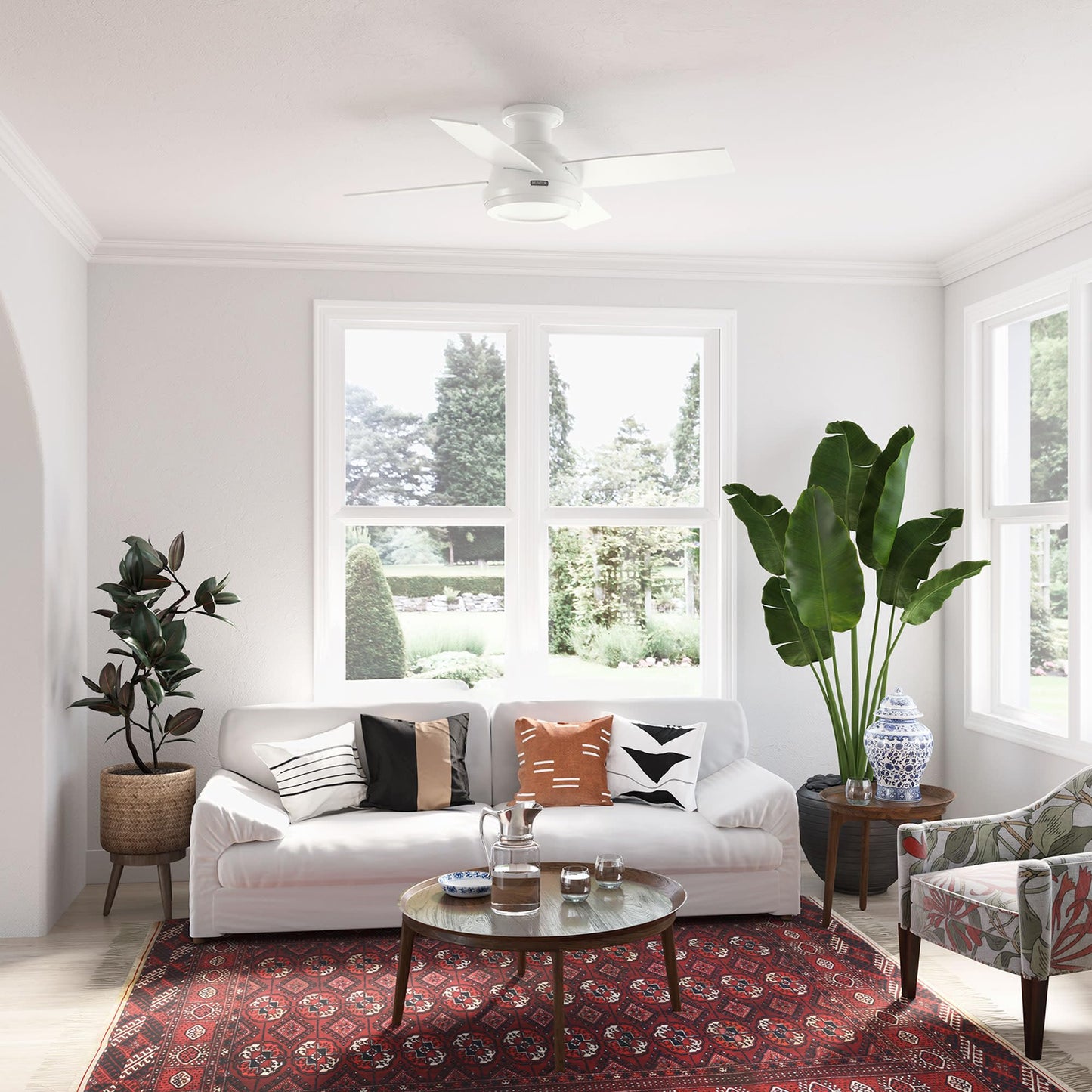 Hunter Dempsey 44 inch Indoor Low Profile Ceiling Fan and Remote Control, Fresh White Ceiling Fan, 3 Speed WhisperWind Motor, 59334, for Bedrooms