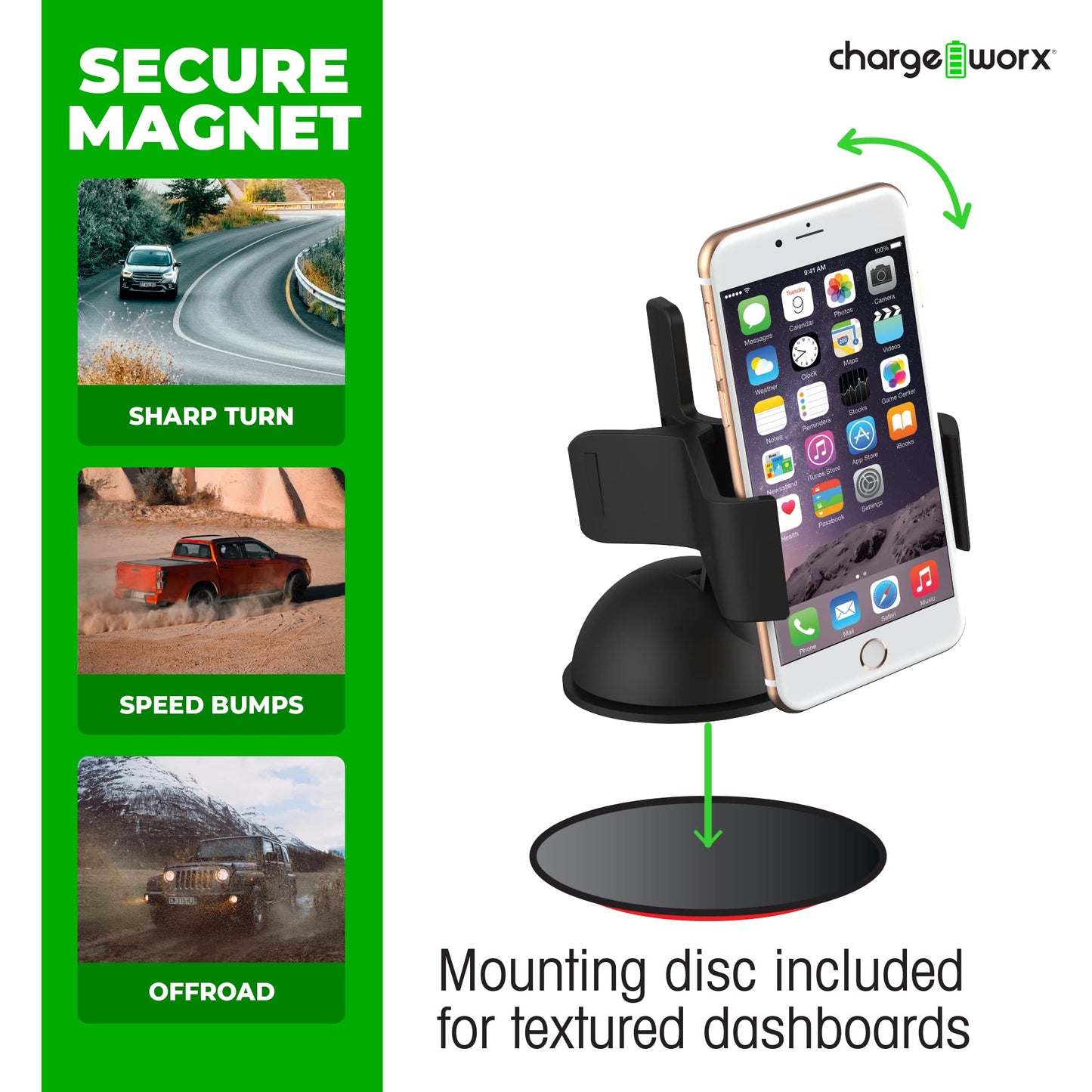 ChargeWorx Universal Car Phone Mount for Dashboard and Windshield, Adjustable Suction Cup Holder with Flex Arm and Clamp, 360 Rotation Compatible