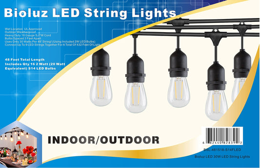 Bioluz LED Outdoor String Lights, 48' String Lights for Patio, Weatherproof with 15 Sockets with 16 Vintage LED Bulbs (1 Extra) for Porch Deck Bistro