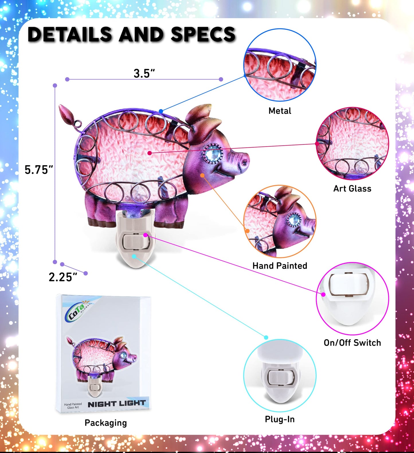 Puzzled Glass Pig Night Light - Decorative Glass Art Animal Night Light for Kids with On and Off Switch, Cute Lamp for Nursery Room, Perfect Plug in