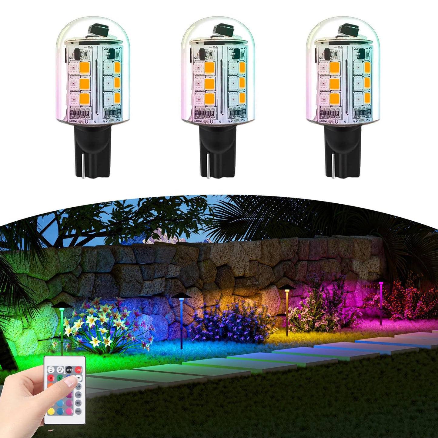 Makergroup RGB T5 T10 Wedge Base LED Light Bulbs 12V Color Changing, Warm White+15 Multi-Colors and Dimmable on Remote Control, Weatherpoof