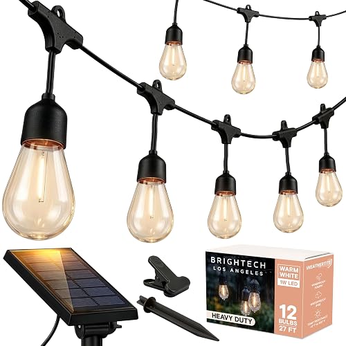 Brightech Ambience Pro 27 Ft Solar Powered Outdoor String Lights - Commercial Grade Waterproof Patio Lights with Edison Globes, Shatterproof LED