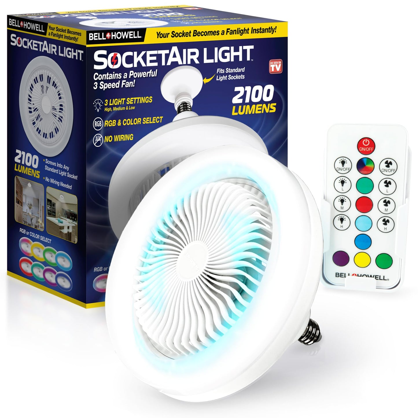 Bell+Howell SocketAir Wireless Ceiling Fan Light with Remote Control, Extender,110-120 Volt, 2100 Lumens, 3 Fan Speeds, 3 Light Settings, 6500K