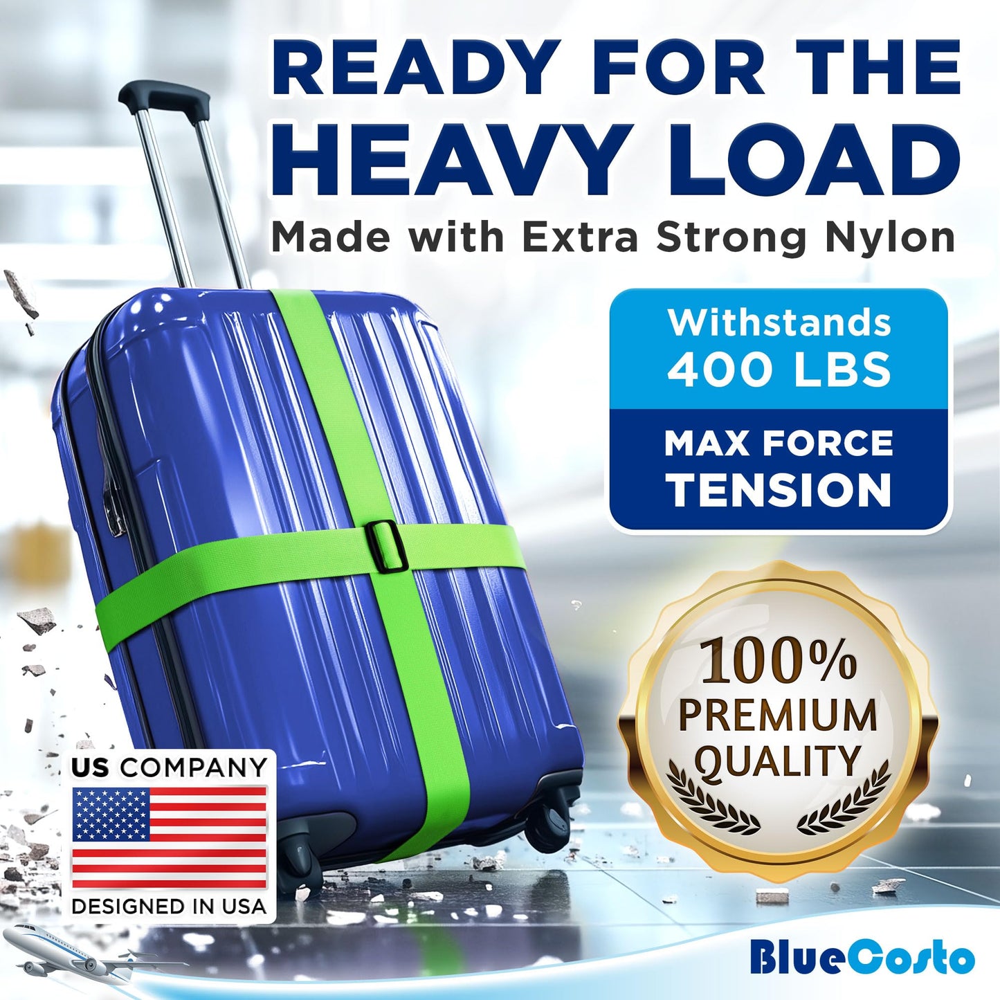 TSA Approved Luggage Straps – 4 Pack Neon Green Adjustable Nylon Suitcase Belts for Travel Bags, Briefcases & Checked Luggage (46"-78")