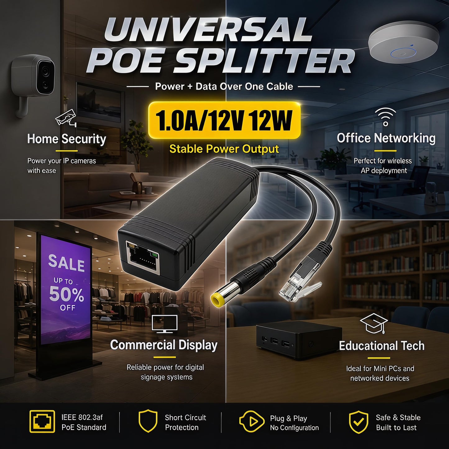 PoE Splitter 12W, 48V to 12V 1A Gigabit IEEE 802.3af Compliant PoE Adapter with 6kV Surge Protection, Power over Ethernet Splitter for Security IP