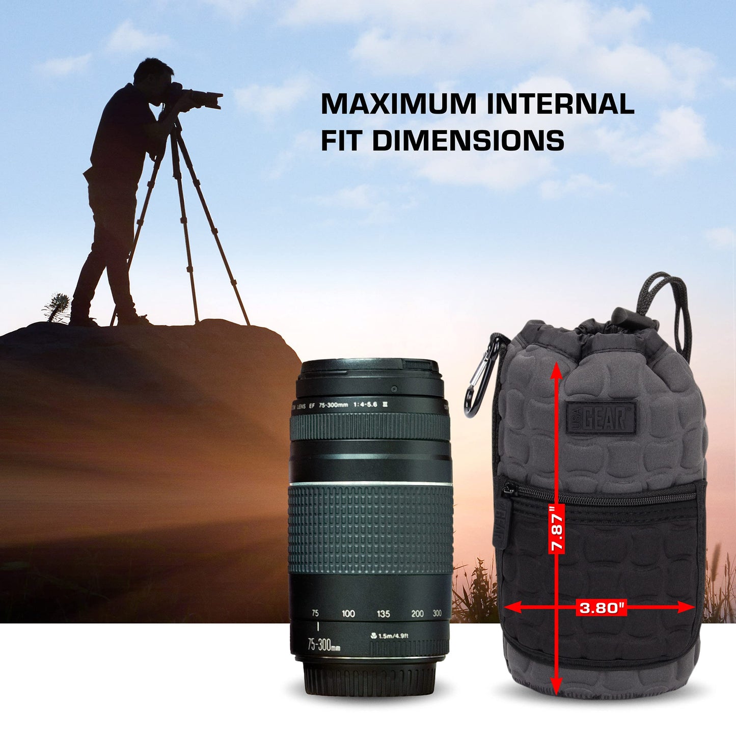 USA Gear FlexARMOR-X Large Lens Case Pouch with Deluxe Padded Neoprene Protection - Fits Camera Lenses up to 7.87" x 3.80", Drawstring Opening