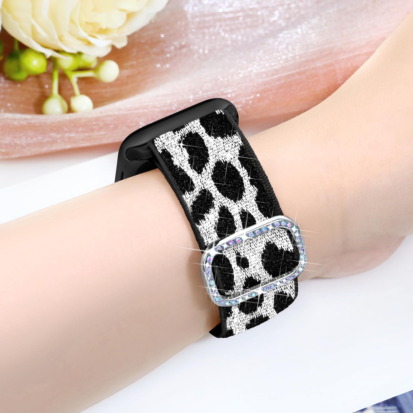 wipalor Bling Leopard Band Fit Apple Watch Bands for Women 46mm 44mm 45mm 42mm 49mm, Stretchy Nylon Sport iWatch Bands for Leopard iPhone Watch Series
