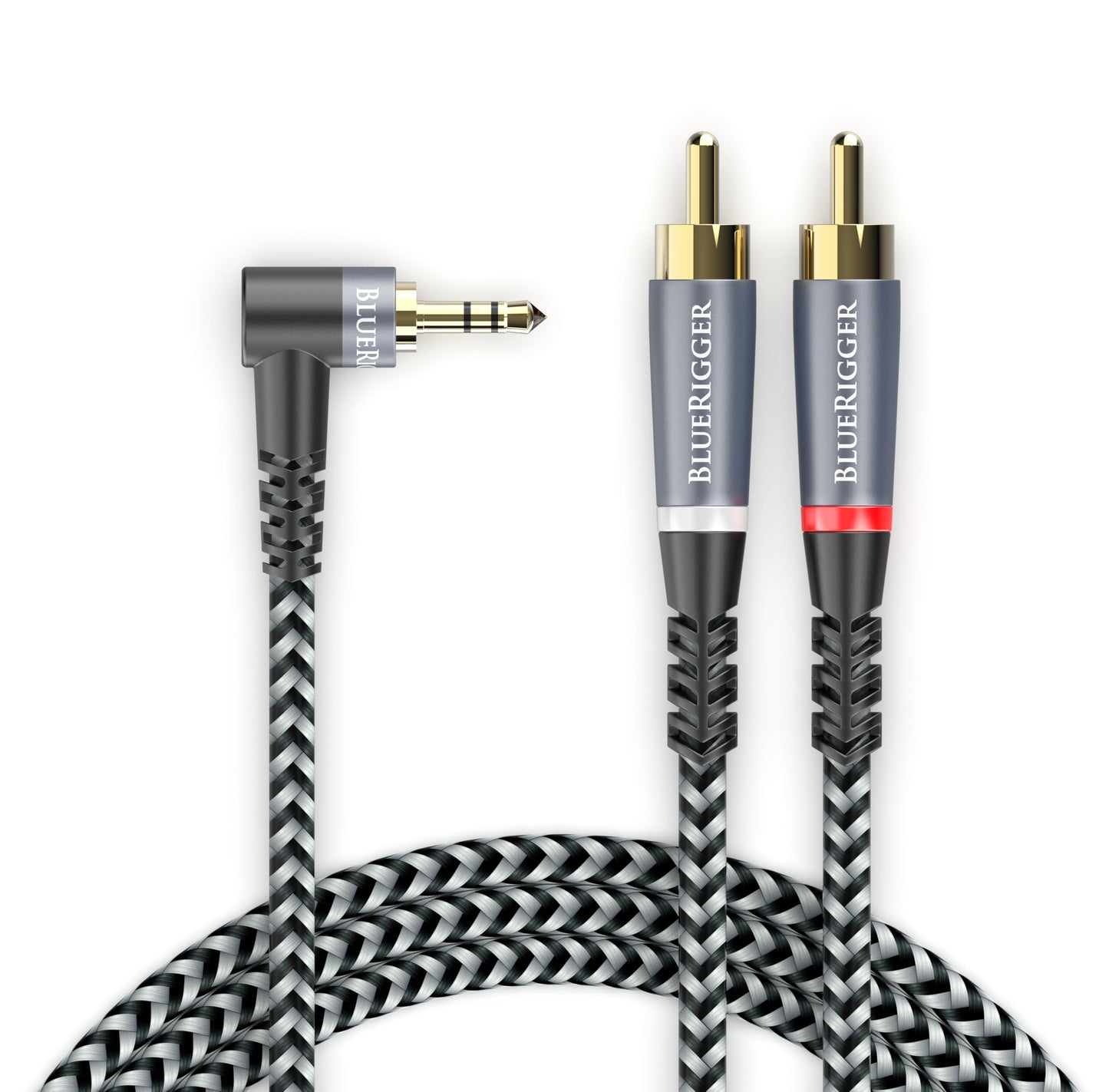 BlueRigger 3.5mm Aux to 2RCA Audio Cable (6FT, 90D Stereo Splitter Y 2RCA Male, Braided, 1/8" RightAngled TRS to RCA, Hi-Fi Sound, Metal Shell) -