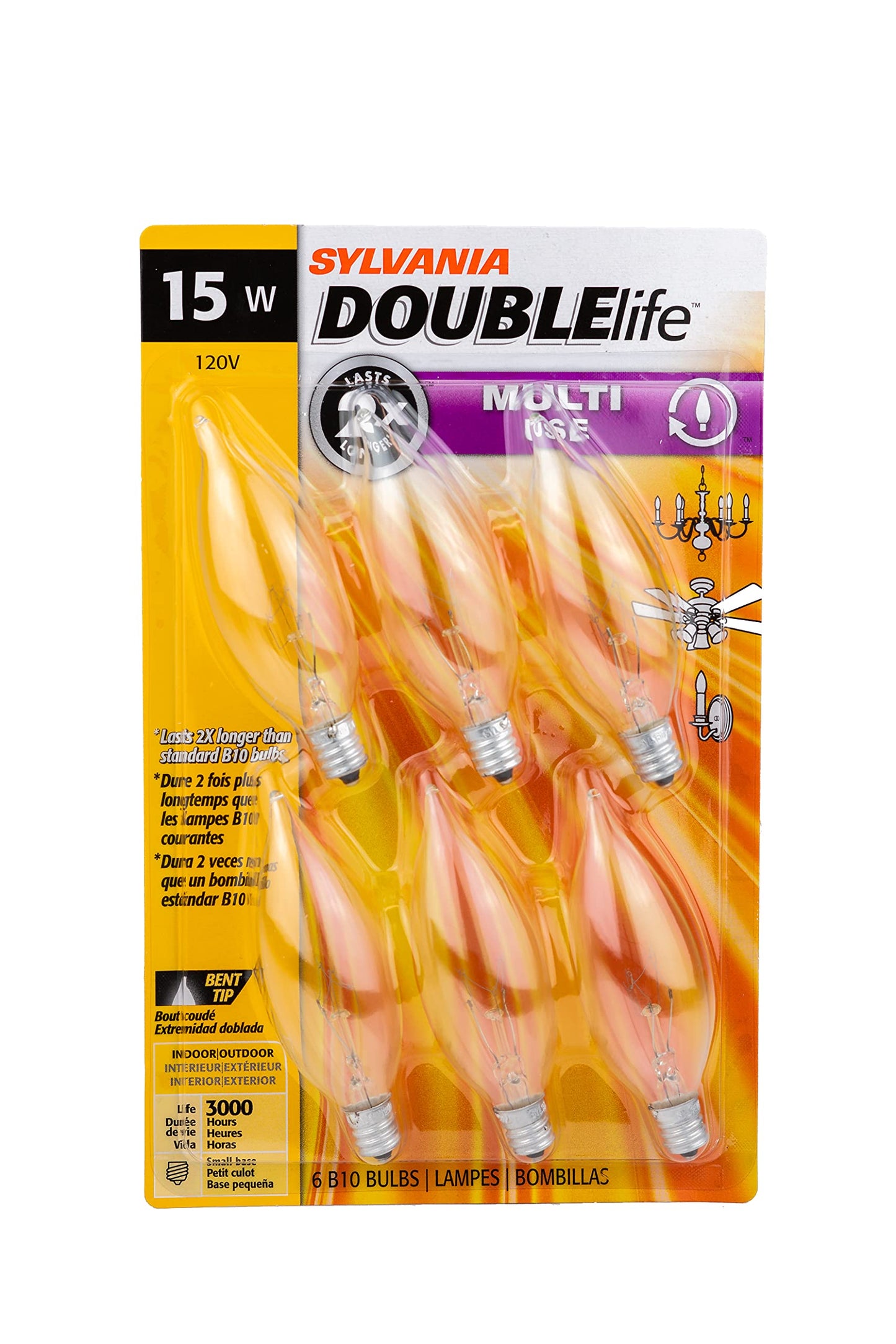 Sylvania Double Life Incandescent Light Bulb, B10, 15W, Candelabra Base, 65 Lumens, 3000K, Clear, Soft White - 6 Pack (15318)