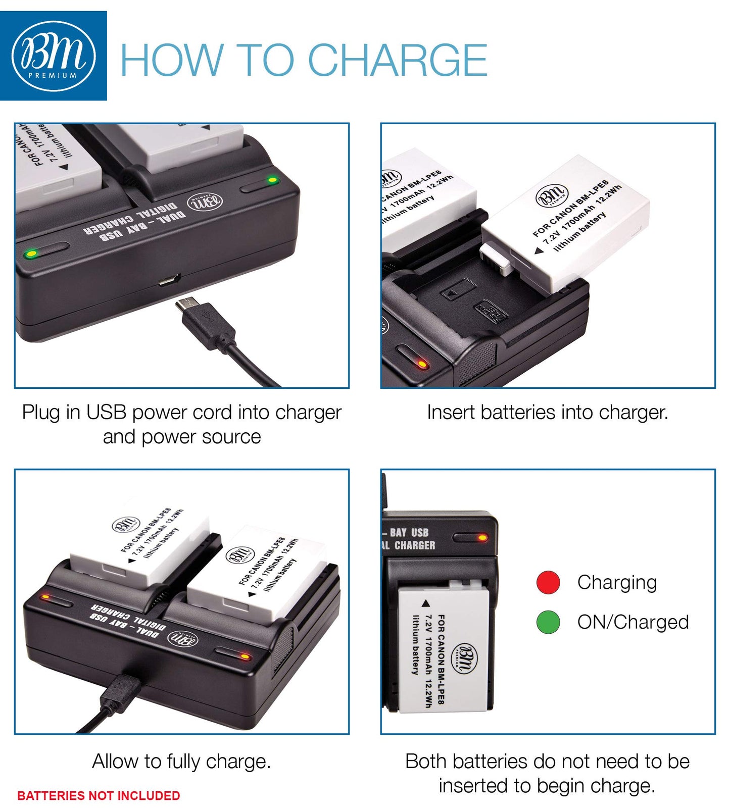 BM Premium LP-E8 Dual Bay Rapid Battery Charger for Canon EOS Rebel T2i, T3i, T4i, T5i, EOS 550D, EOS 600D, EOS 650D, EOS 700D DSLR Digital Cameras