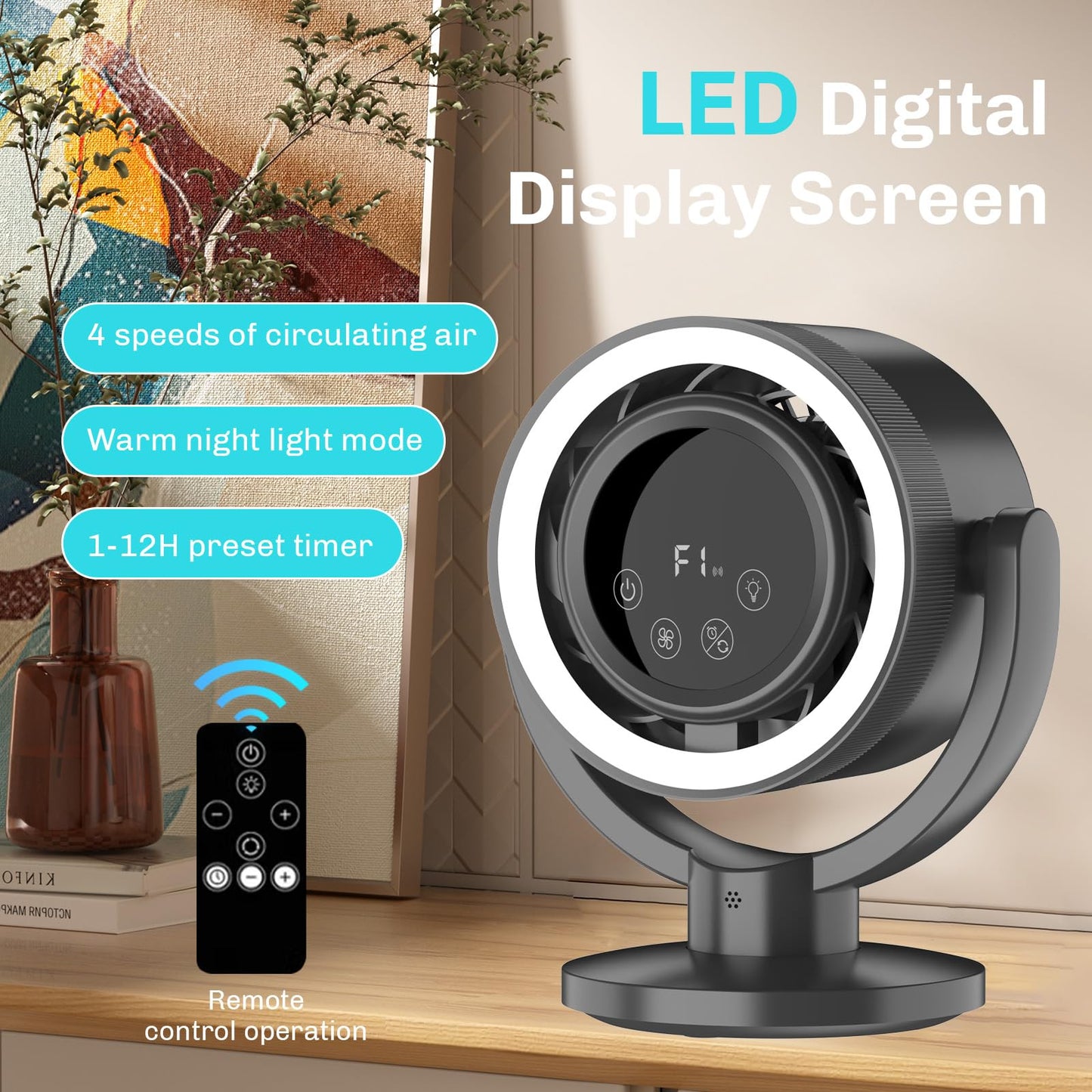 Desk Fans for Bedroom with 4000mAh Rechargeable Battery ,LED Display quiet desktop Fan with Timer, Ultra-Quiet Operation, Night Light Automatic