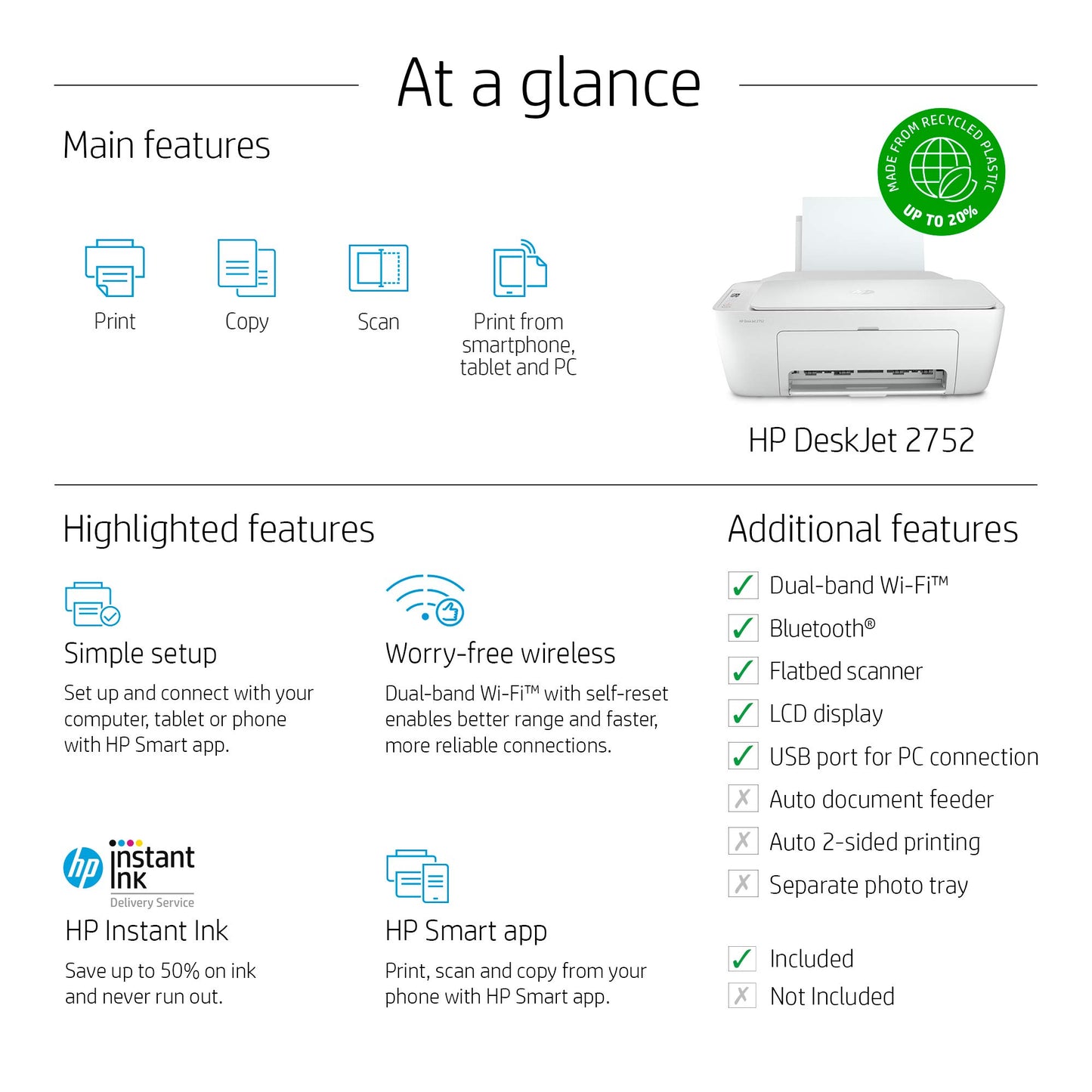 HP DeskJet 2752 All-in-One Color Inkjet Printer Scanner and Copy with Mobile Printing, Wireless Printers for Home and Office, Instant Ink Ready