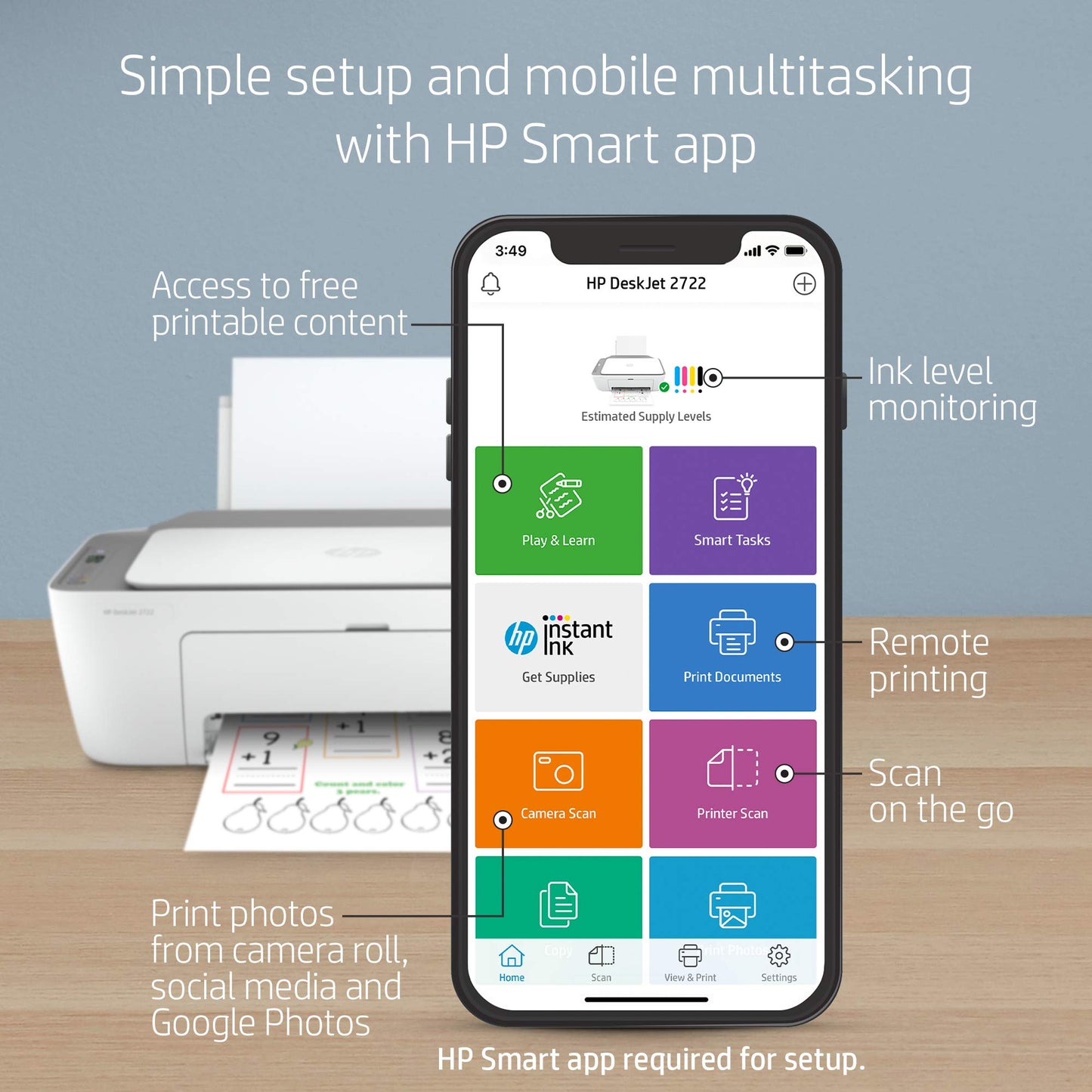 HP DeskJet 2722 Wireless Bluetooth Color Inkjet All-in-One Printer for Home Office, Gray - Print Scan Copy - 1200 x 1200 dpi, Icon LCD Display