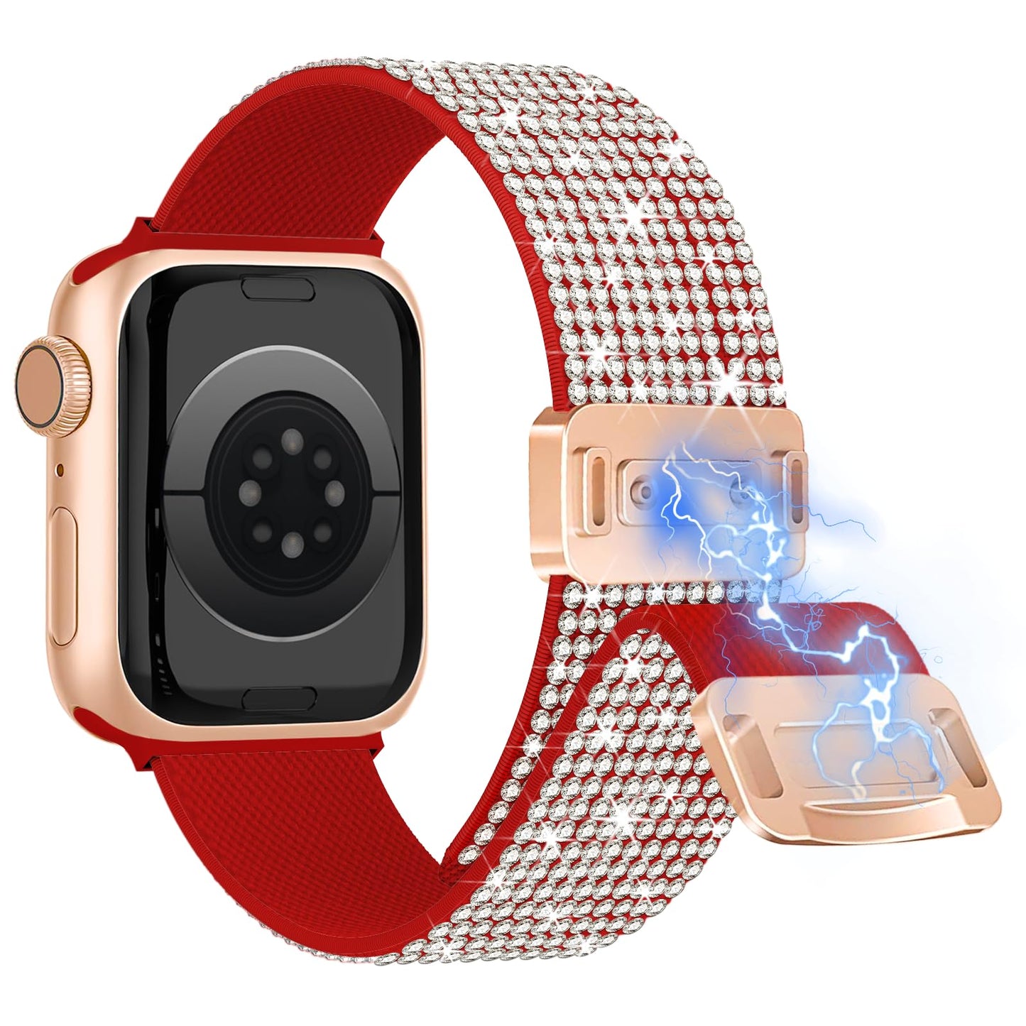 wipalor Sparkly Stretchy Nylon Magnetic Red Band Fit Bling Apple Watch Bands for Women (42mm Series 11/10)41mm 40mm 38mm, Elastic iWatch Bands