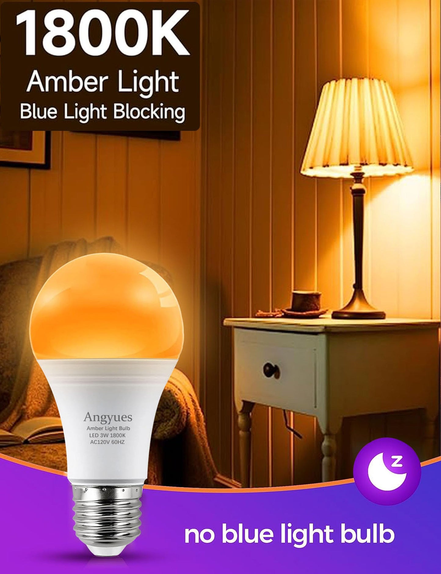 Angyues Amber Sleep Light Bulbs, Blue Light Blocking, A19 3W(25 Watt Equivalent) Dim Light Bulbs for Lamp,1800K Warm Light Bulbs,Mood Soothing Light