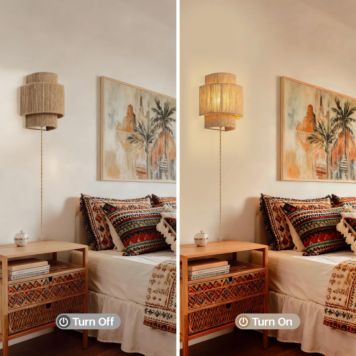 Rattan Wall Lamp with Plug in Cord,Boho Wall Light Fixture with Switch,Plug-in Wall Sconces with Hand Woven Hemp Rope Shade, Rustic Home Decor Light