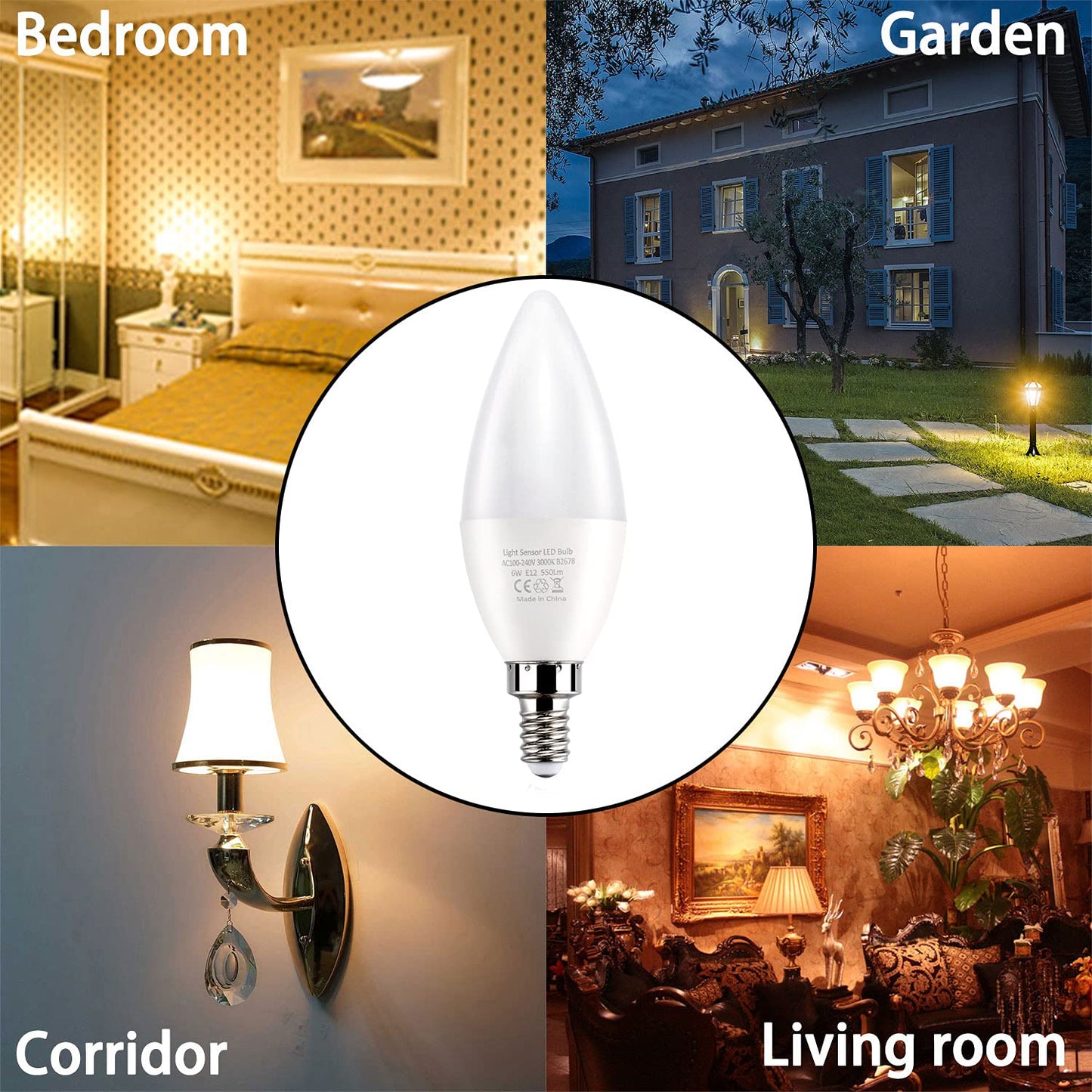 Dusk to Dawn Light Bulbs E12 Light Sensor Bulb 3000K Equivalent 60W E12 LED Candelabra Bulb,Auto On and Off for Home,Outdoor,Yard Light,Warm White (4