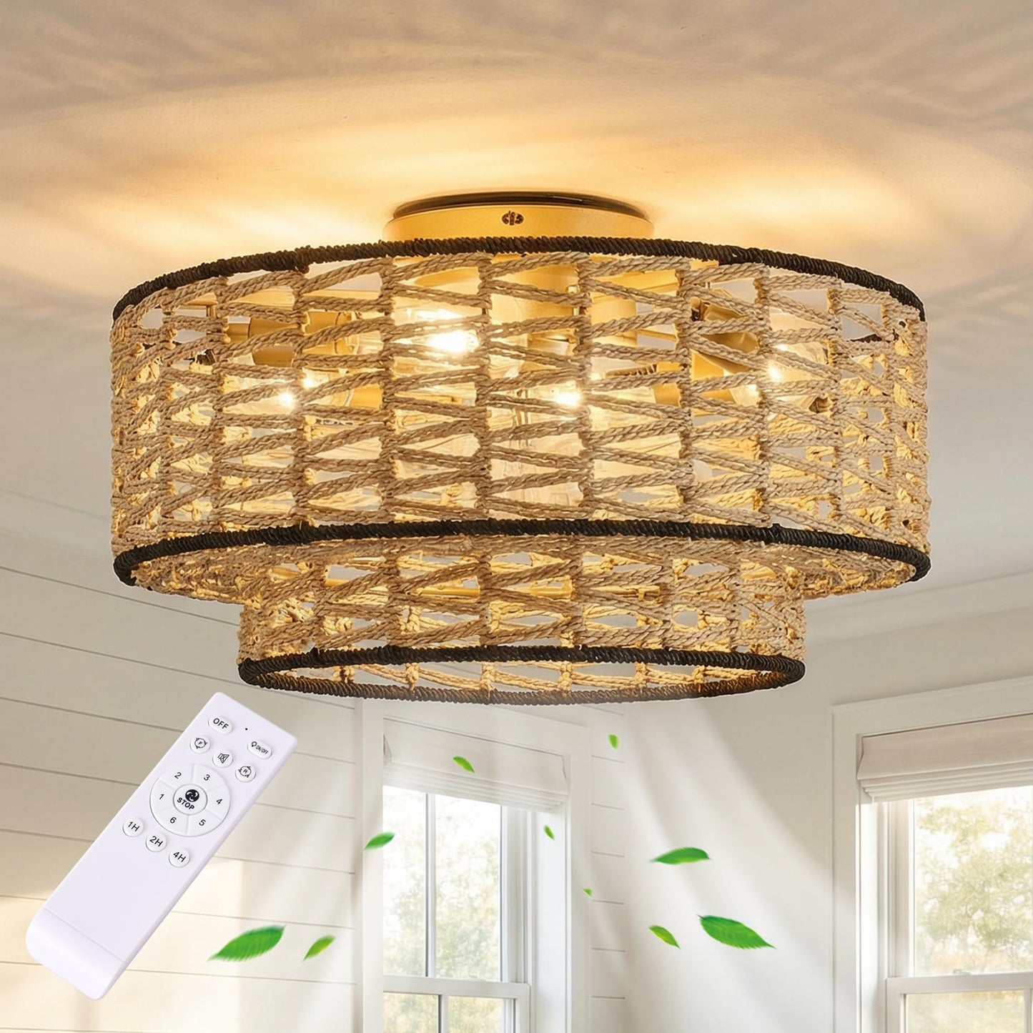 Bewishing 20" Boho Ceiling Fan Light with Remote Control, Double Layer Hand Woven Toast-Colored Rattan with Black Trim Flush Mount Fan Light