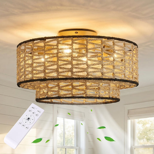 Bewishing 20" Boho Ceiling Fan Light with Remote Control, Double Layer Hand Woven Toast-Colored Rattan with Black Trim Flush Mount Fan Light