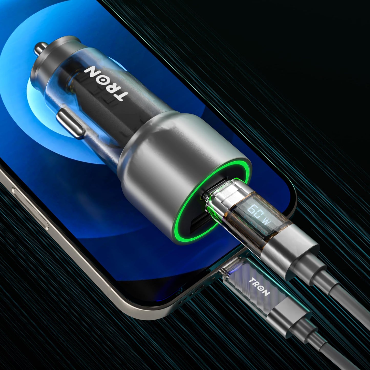TRON 43W Dual Port Car Charger, USB-C PD 25W + USB-A 18W Fast Charging, Transparent LED Body, 12V/24V Car Adapter, Black/Blue/Gray, Optional 5ft USB-C