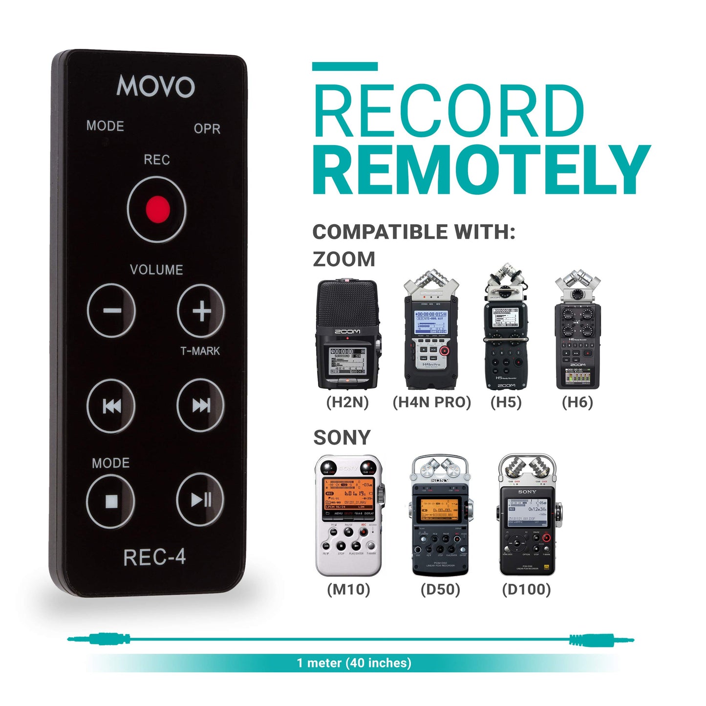 Movo REC-4 Wired Remote Control for Zoom H2n, H4n Pro, H5 and H6 Portable Digital Handy Recorders - Also Compatible with Sony M10, D50, D100
