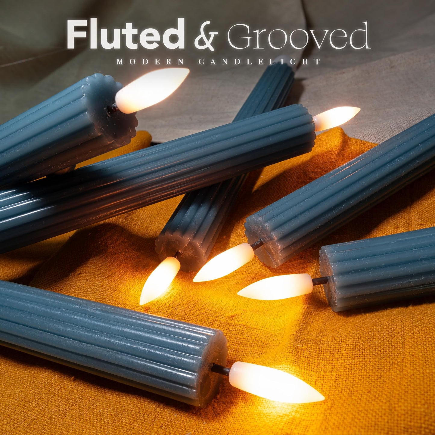 West Ivory 12 Pack, 10" LED Flameless Blue Fluted Ribbed Grooved Taper Candles with 2 Remotes & 24h Timer Memory, On/Off Button, Dimmable, Flicker