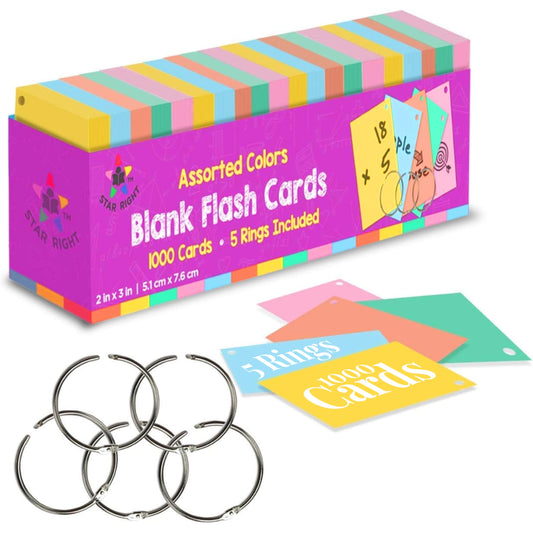 Star Right Blank Flash Cards – 1000 Assorted Colored 2x3" Index Cards, Pre-Punched with Metal Rings for Study, School, Office & Organization