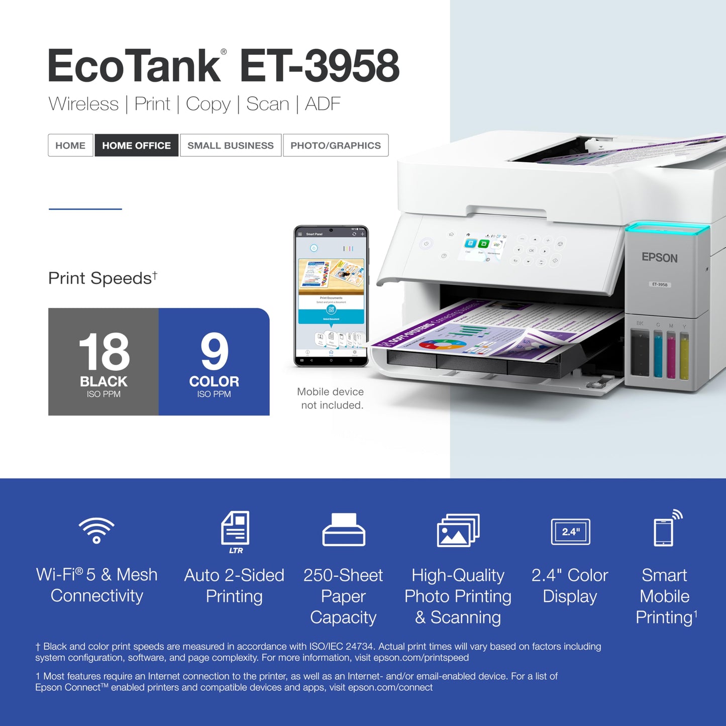 Epson EcoTank ET-3958 Wireless All-in-One Color Supertank Printer with up to 3 Years of Ink, Refillable Tanks, Perfect for Home Office, 18 PPM, 2.4"