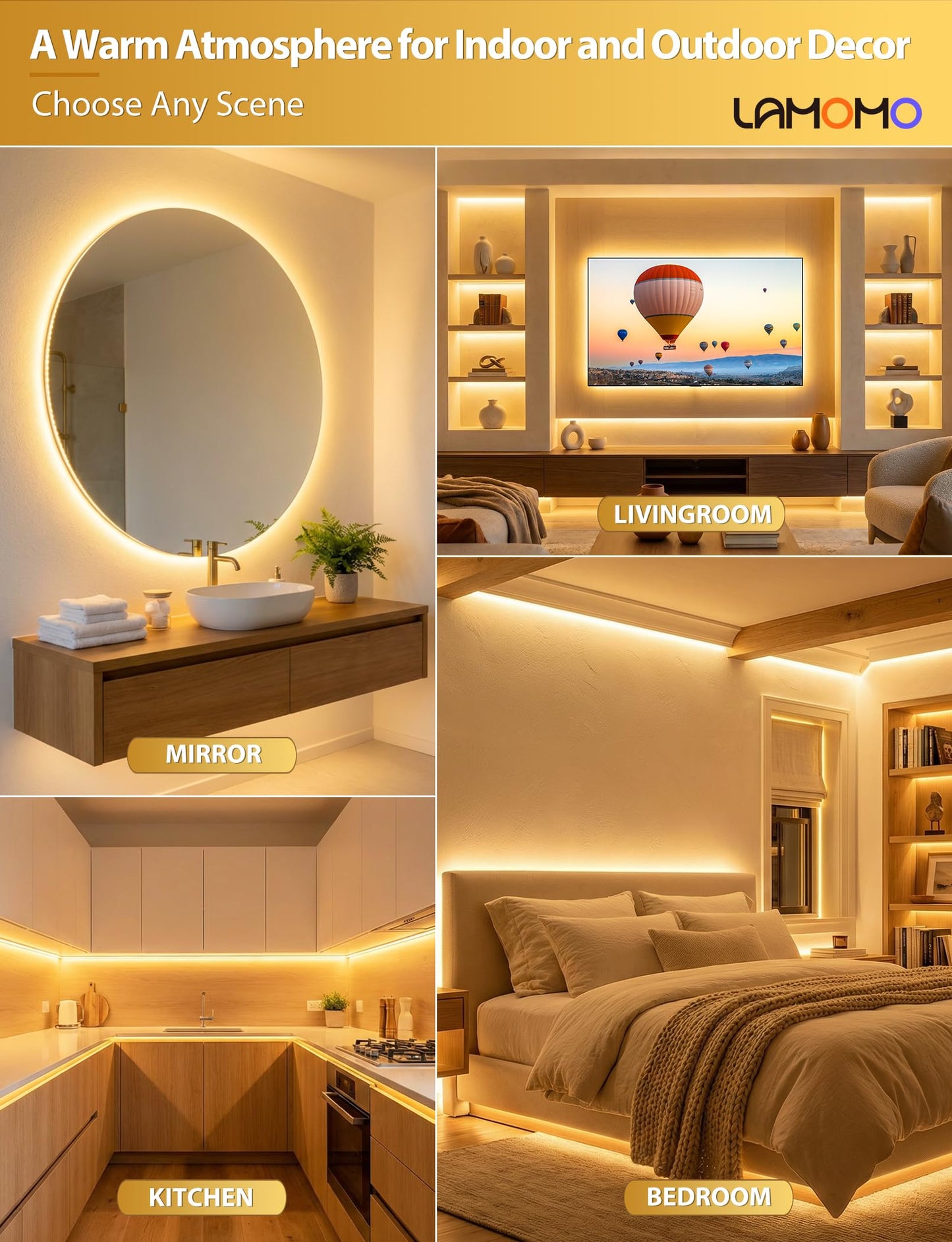 Lamomo LED Neon Lights, 12V Warm White Dimmable LED Strip Lights, 16.4ft/5m Waterproof LED Neon Rope Lights, Silicone 3000K Neon LED Strip for Bedroom
