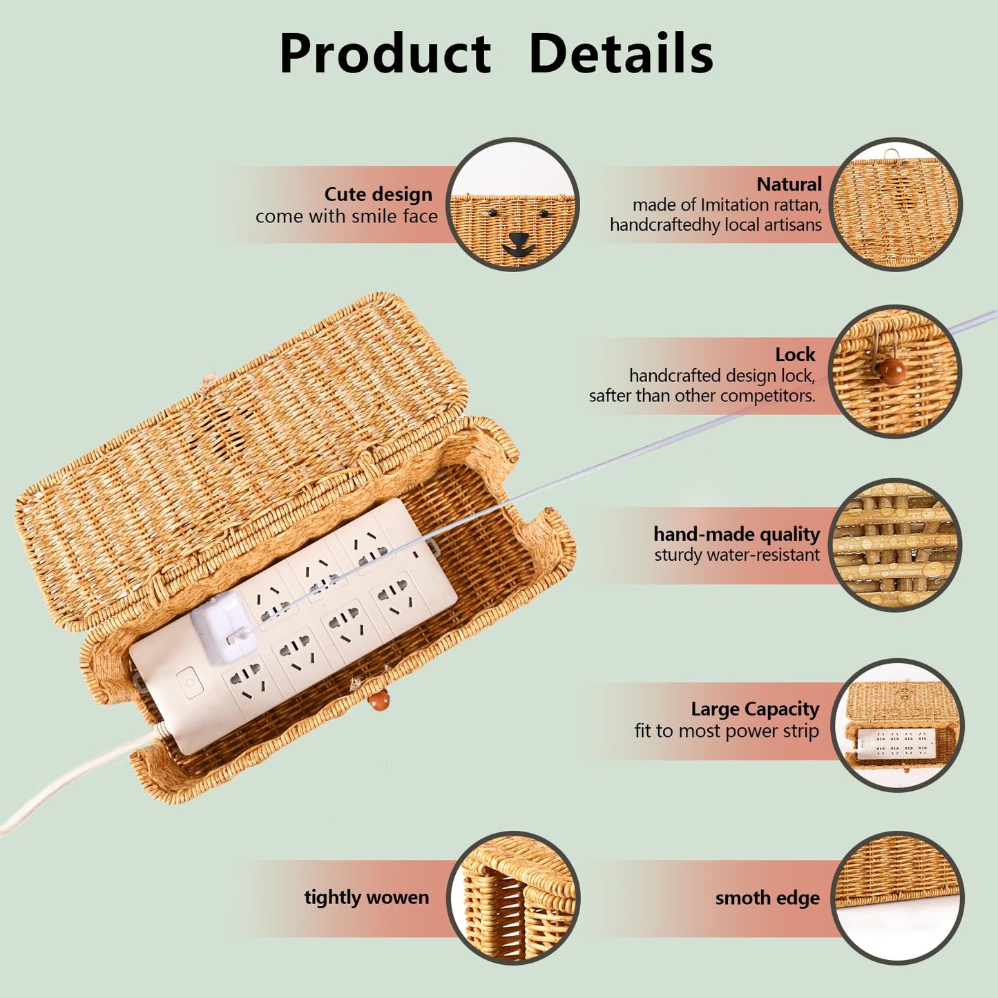 Cord hider box,Imitation rattan cable management organizer storage box with lid 2 open slots extension cord keeper charging basket cover under desk