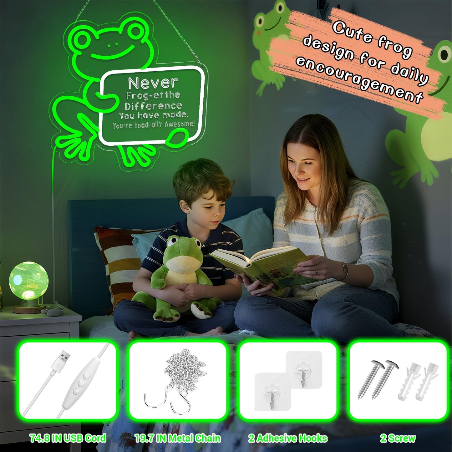 Inspirational Frog Neon Sign for Wall Decor, Positive Emotional Animals Frogs Wall Art Gifts for Him Her Women Men Coworker Employee Retirement (Green