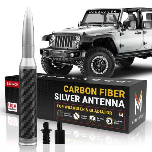 Anodized Silver Carbon Fiber 50 Cal Bullet Antenna for Jeep Wrangler JK JL & Gladiator JT (2007-2024), Rubicon Sahara Willys Mojave 4xe Accessories