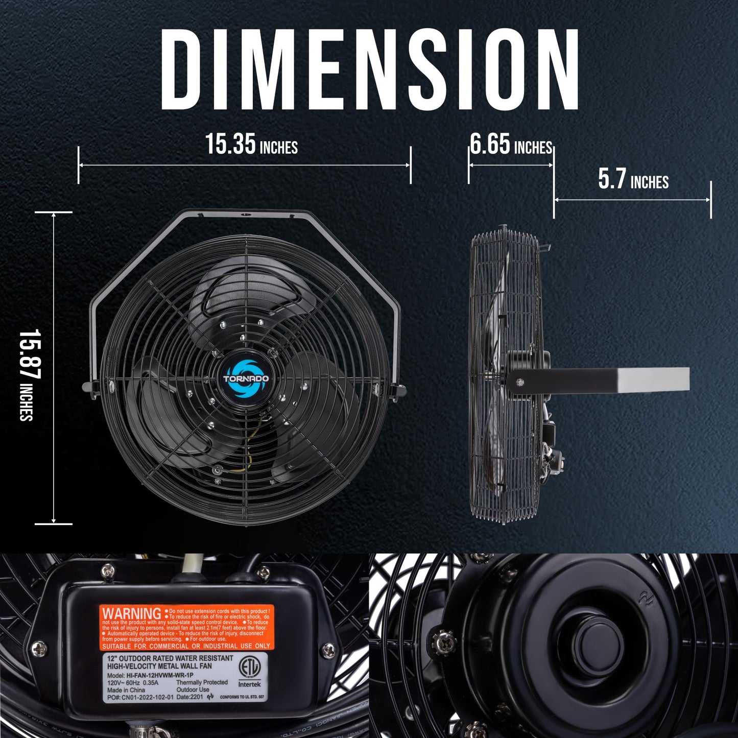 Tornado 12 Inch Outdoor Water-Resistant Wall Mounted Fan IPX4 Rated 3 Speed High Velocity Meatl Wall Fan For Commercial, Industrial, Residential, 6.6