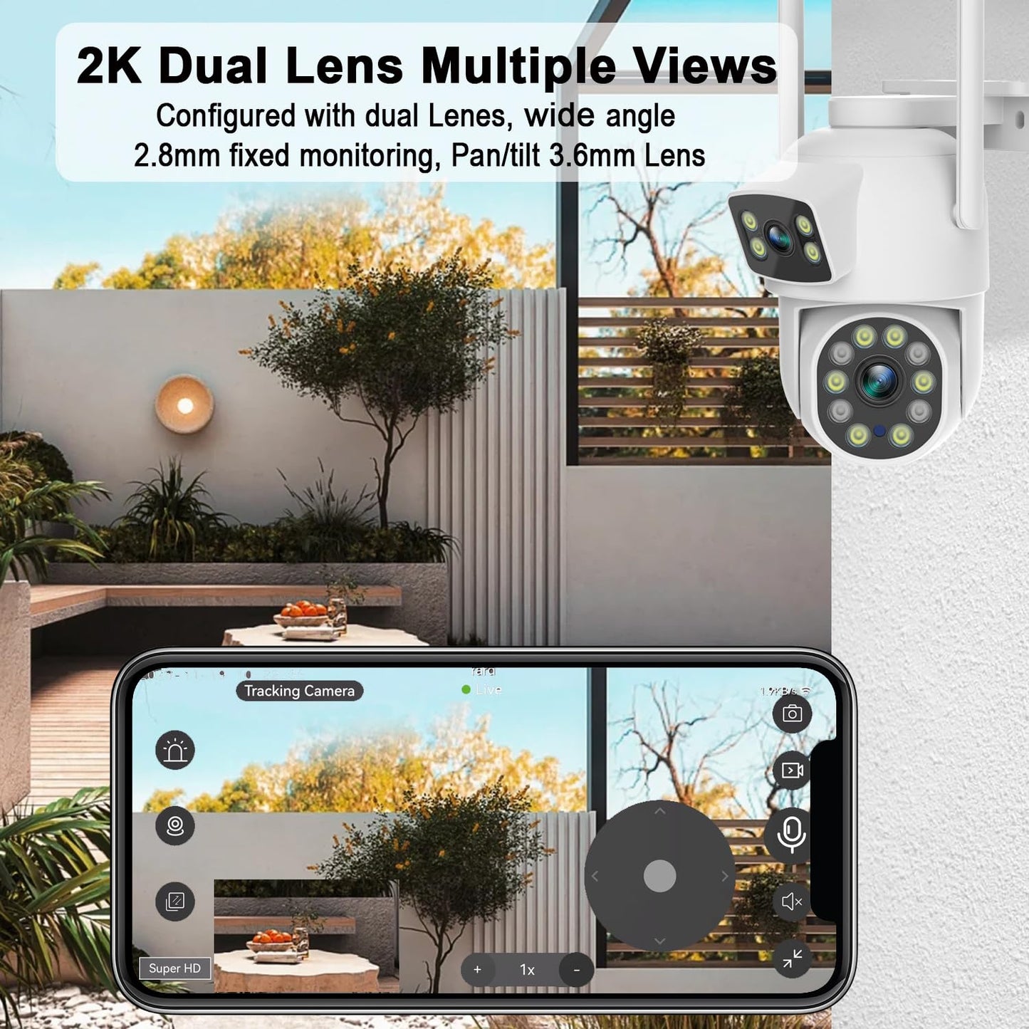 Dosilkc 2K Dual Lens Outdoor Security Camera, 360° View Pan/Tilt 2.4G WiFi Wireless Linkage Cameras for Home Security, Home Surveillance Camera