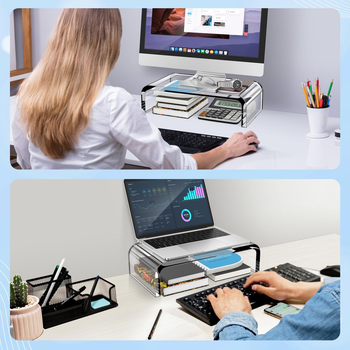 AboveTEK Acrylic Monitor Stand - Clear Monitor Riser & Computer Desk Stand, Premium Acrylic Laptop Stand for Home Office, PC TV Stand with Keyboard